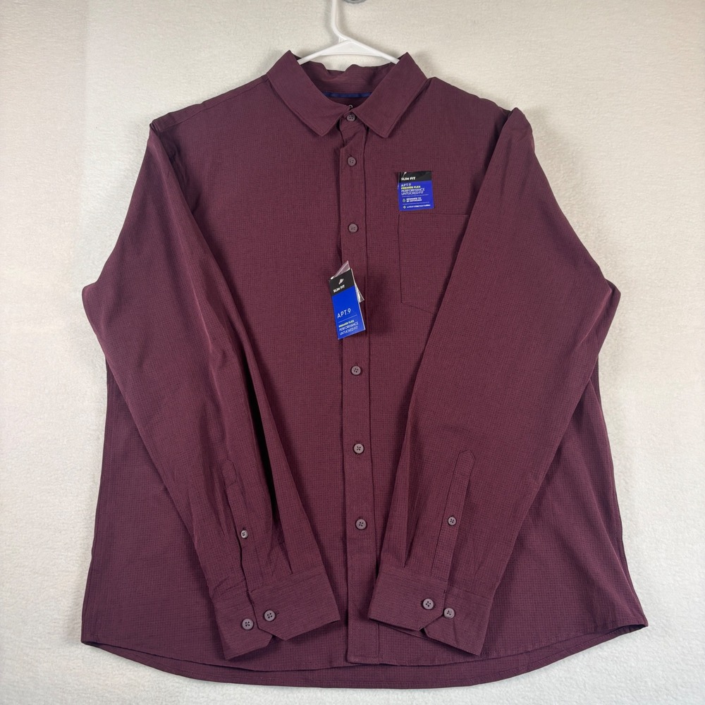 Apt 9 Mens XXL Slim Fit Premier Flex Performance Untucked Shirt Burgundy Red NWT